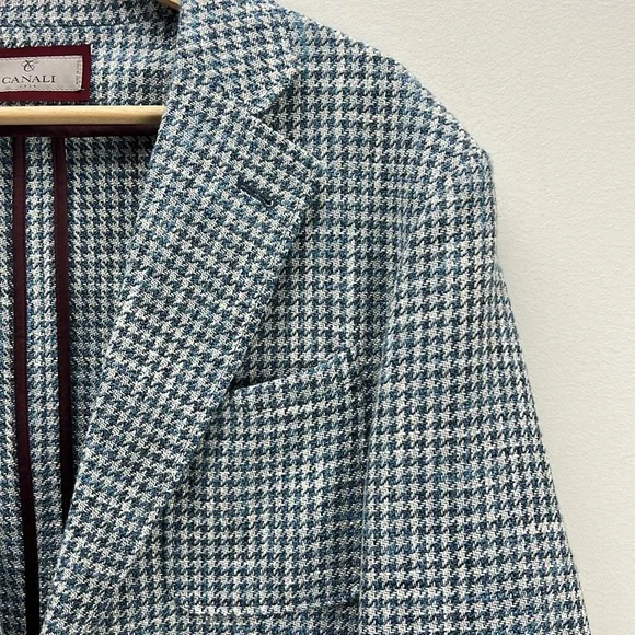Canali Houndstooth Shacket Blue Sport Coat Blazer Linen Cotton Wool IT 50 US 40 - Picture 4 of 13